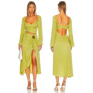For Love & Lemons Allie Long Sleeve Cut Out Midi Dress Ruched Slit Green Size M